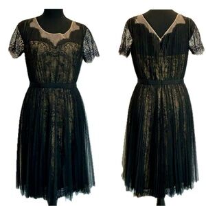 Marchesa Notte black lace pleated tulle short sleeve Aline dress formal cocktail